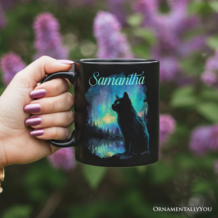 Mystic Aurora Cat Personalized Mug, Northern Lights Feline Gift with Custom Name