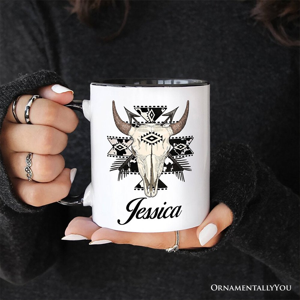 Aztec Tribal Bull Skull Personalized Mug, Western Boho Gift with Custom Name Personalized Ceramic Mug OrnamentallyYou 