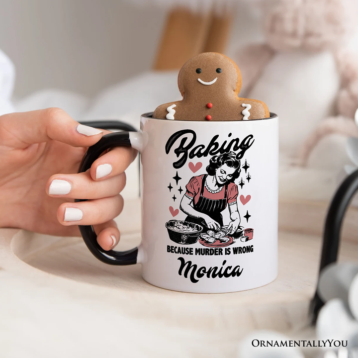 Baking Because Murder Is Wrong Anti-Valentine Personalized Mug, Funny Retro Kitchen Gift with Custom Name