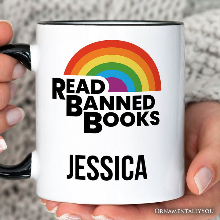 Read Banned Books Rainbow Retro Personalized Mug, Bookish Freedom Gift with Custom Name Personalized Ceramic Mug OrnamentallyYou 