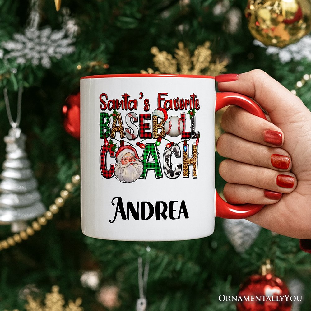 Santa’s Favorite Baseball Coach Personalized Mug, Plaid Christmas Athelete Gift with Custom Name Personalized Ceramic Mug OrnamentallyYou 