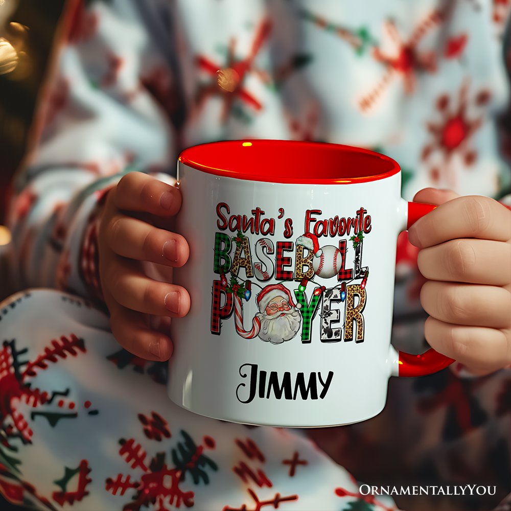 Santa’s Favorite Baseball Player Personalized Mug, Plaid Christmas Athelete Gift with Custom Name Personalized Ceramic Mug OrnamentallyYou 