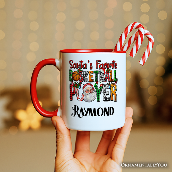 Santa’s Favorite Basketball Player Personalized Mug, Plaid Christmas Athelete Gift with Custom Name