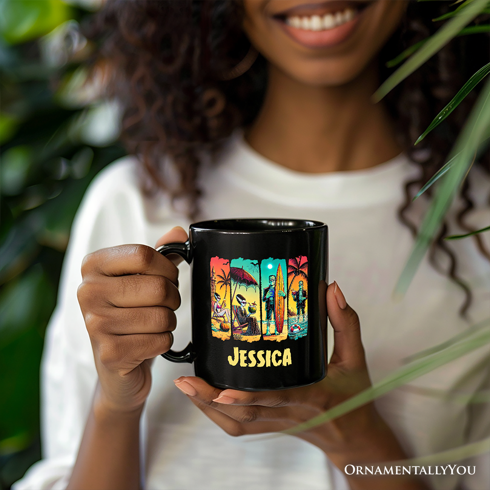 Frankenstein's Beach Vacation Personalized Mug, Retro Neon Summer Vibes Gift with Custom Name