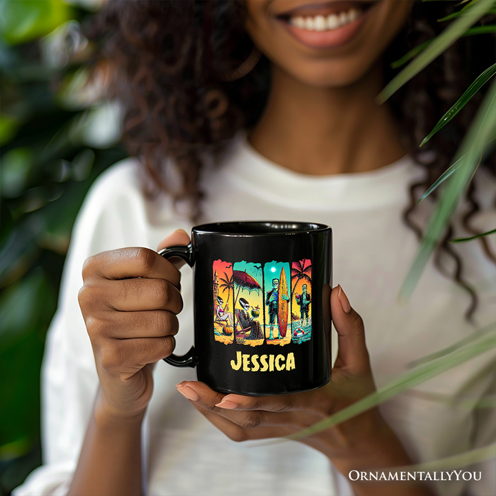 Frankenstein's Beach Vacation Personalized Mug, Retro Neon Summer Vibes Gift with Custom Name