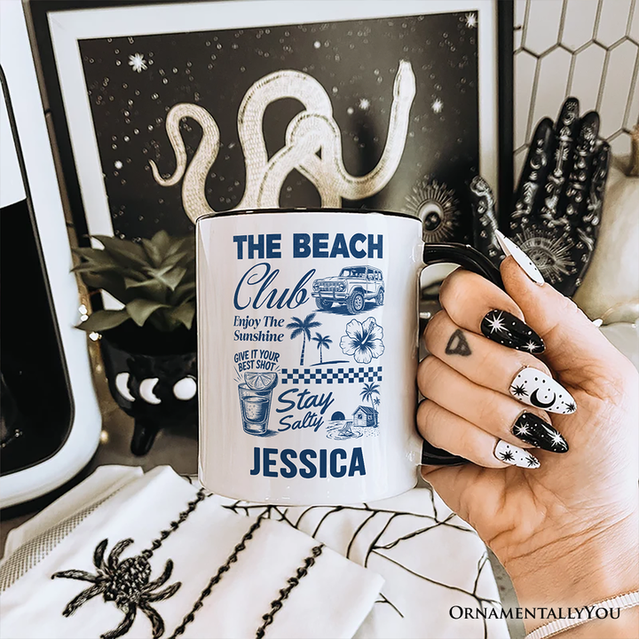 Vintage Coastal Summer Vacation Personalized Mug, The Beach Club Stay Salty Gift with Custom Name