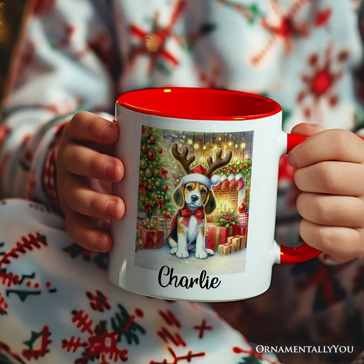 Cozy Fireplace Beagle Personalized Mug, Snuggly Canine Christmas Gift with Custom Name Personalized Ceramic Mug OrnamentallyYou 