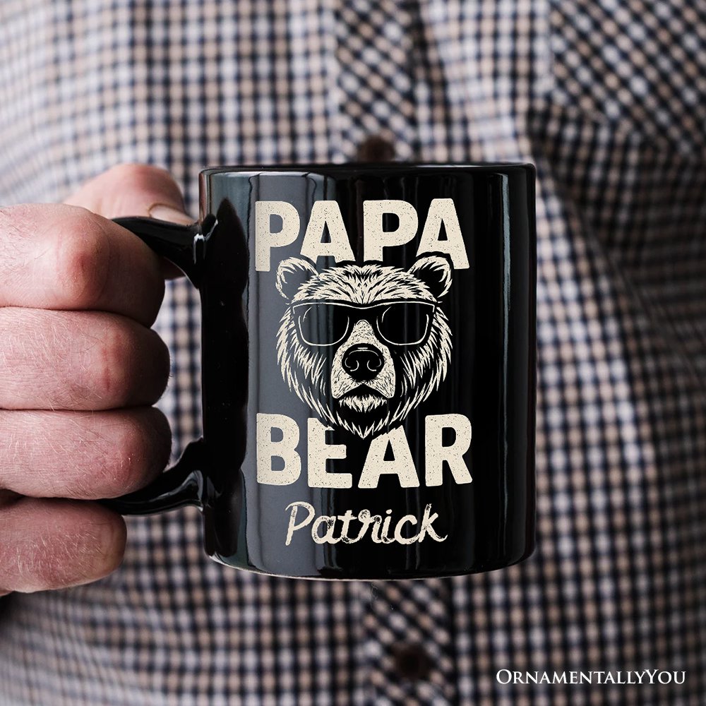 Papa Bear Sunglasses Personalized Mug, Black Vintage Gift with Custom Name for Cool Dads Personalized Ceramic Mug OrnamentallyYou 