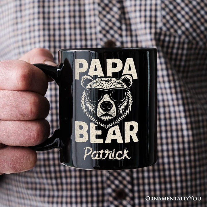 Papa Bear Sunglasses Personalized Mug, Black Vintage Gift with Custom Name for Cool Dads Personalized Ceramic Mug OrnamentallyYou 