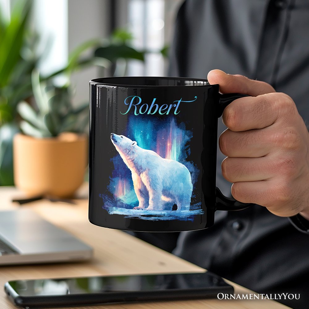 Arctic Aurora Polar Bear Personalized Mug, Northern Lights Wildlife Gift with Custom Name Personalized Ceramic Mug OrnamentallyYou 