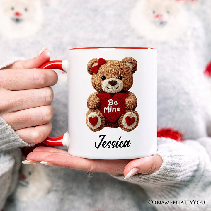 Cute Bear Toy Be Mine Valentine Personalized Mug, Love Coquette Gift with Custom Name Personalized Ceramic Mug OrnamentallyYou 