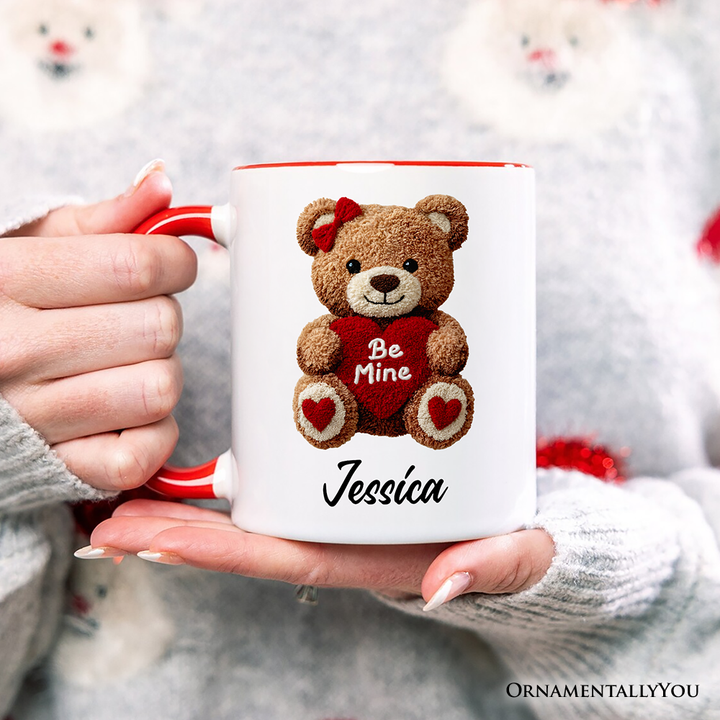 Cute Bear Toy Be Mine Valentine Personalized Mug, Love Coquette Gift with Custom Name