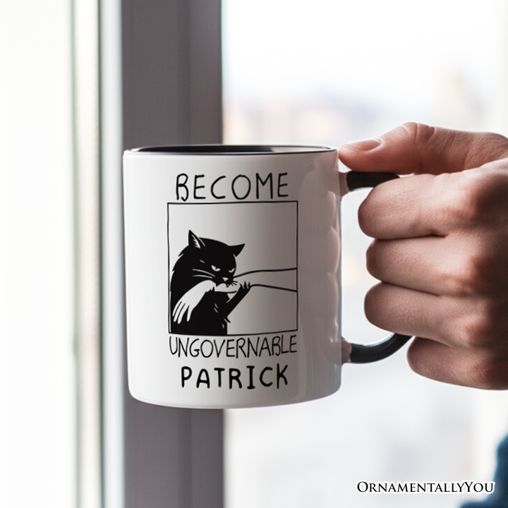 Become Ungovernable Black Cat Personalized Mug, Bites Hand Humorous Meme Gift with Custom Name