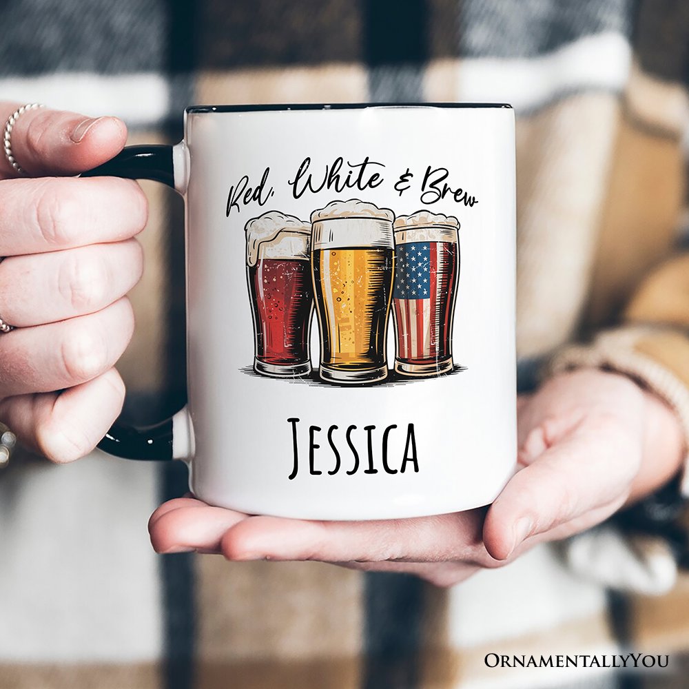 Red White and Brew Beer American Personalized Mug, Patriotic USA 4th of July Gift with Custom Name Personalized Ceramic Mug OrnamentallyYou 
