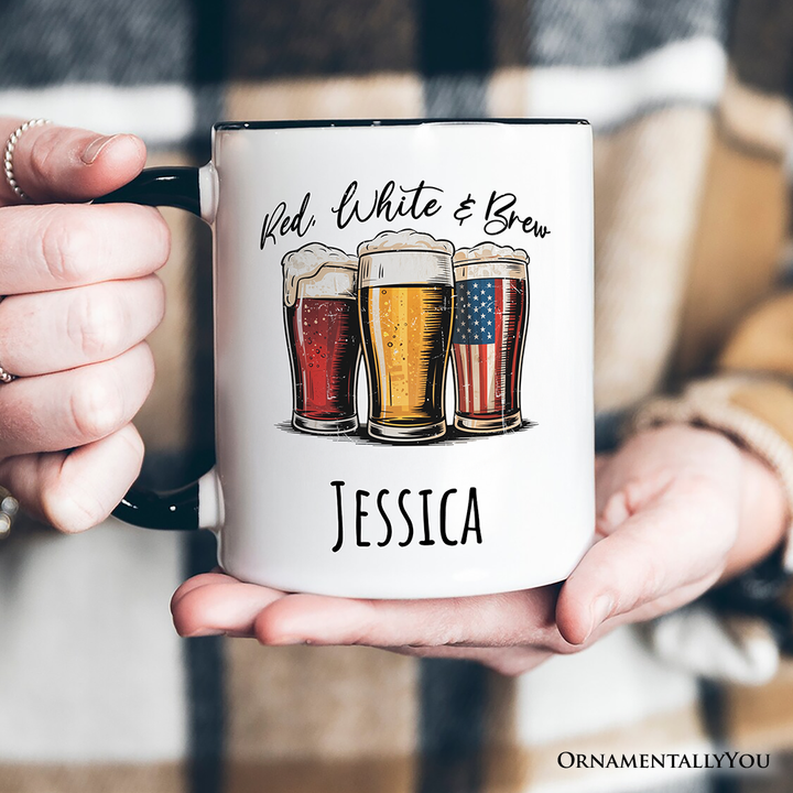 Red White and Brew Beer American Personalized Mug, Patriotic USA 4th of July Gift with Custom Name