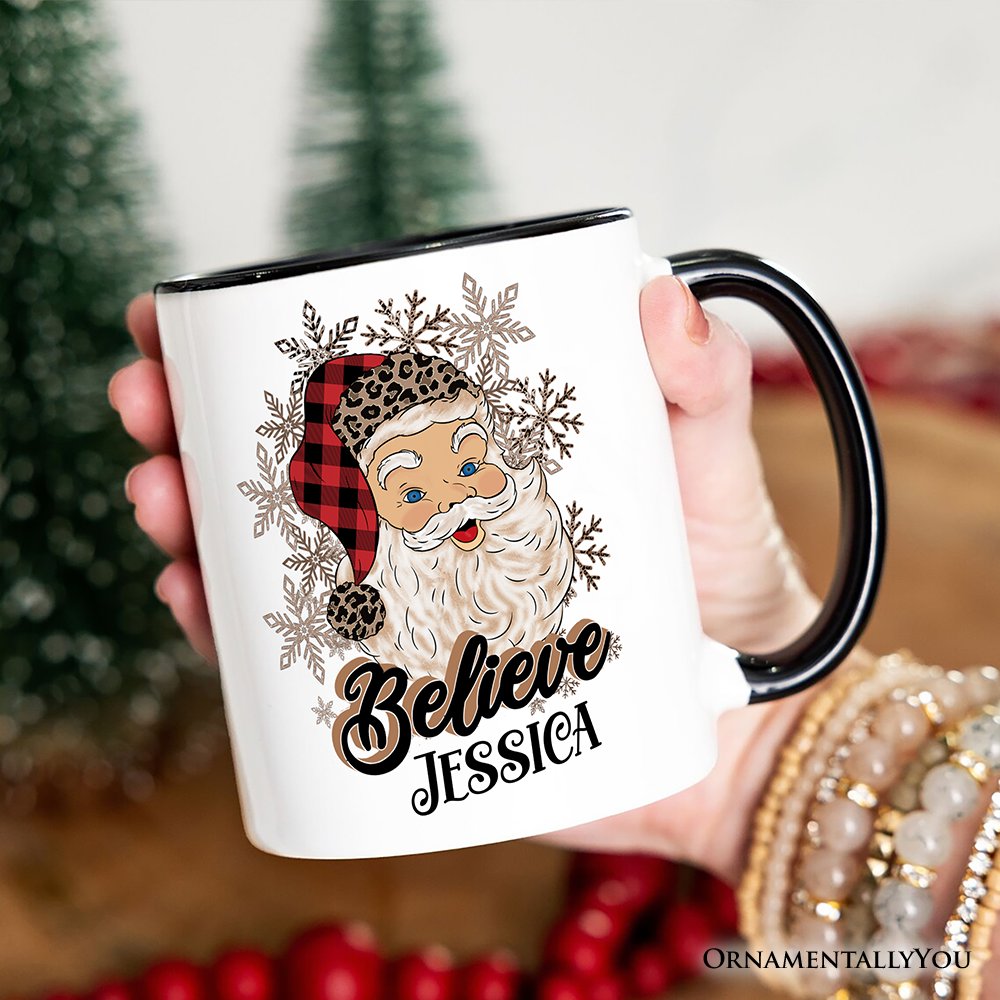Believe Santa Buffalo Plaid Personalized Mug, Retro Christmas Gift with Custom Name Personalized Ceramic Mug OrnamentallyYou 