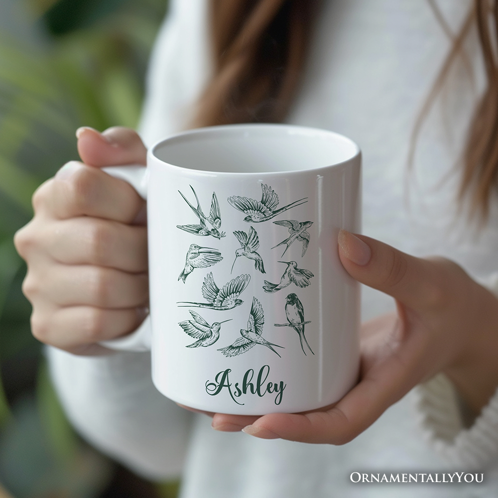Retro Birds Nature Personalized Mug, Vintage Green Bird Illustration Gift with Custom Name