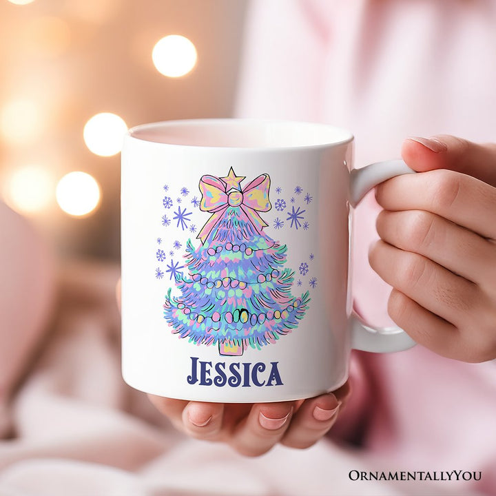 Light Blue Christmas Tree Bow Personalized Mug, Coquette Colorful Holiday Gift with Custom Name Personalized Ceramic Mug OrnamentallyYou 