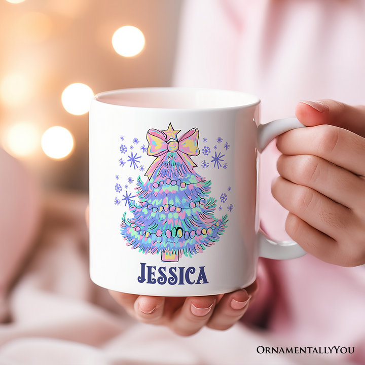 Light Blue Christmas Tree Bow Personalized Mug, Coquette Colorful Holiday Gift with Custom Name
