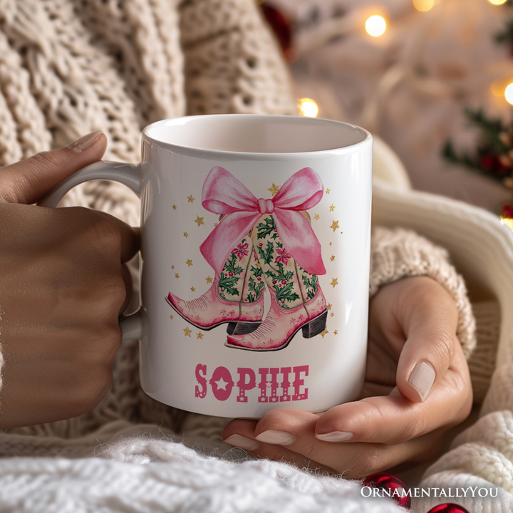 Pink Western Coquette Cowgirl Boots Personalized Mug, Country Holiday Gift with Custom Name