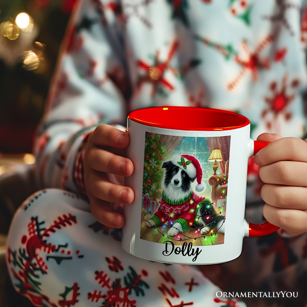 Playful Border Collie with Santa Hat Personalized Mug, Festive Canine Christmas Gift with Custom Name Personalized Ceramic Mug OrnamentallyYou 