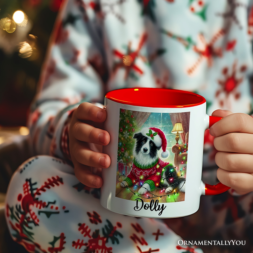 Playful Border Collie with Santa Hat Personalized Mug, Festive Canine Christmas Gift with Custom Name