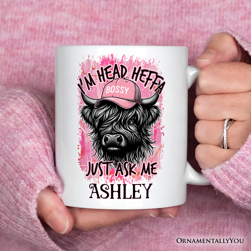 Bossy Highland Cow Personalized Mug, Head Heifer Funny Western Gift with Custom Name