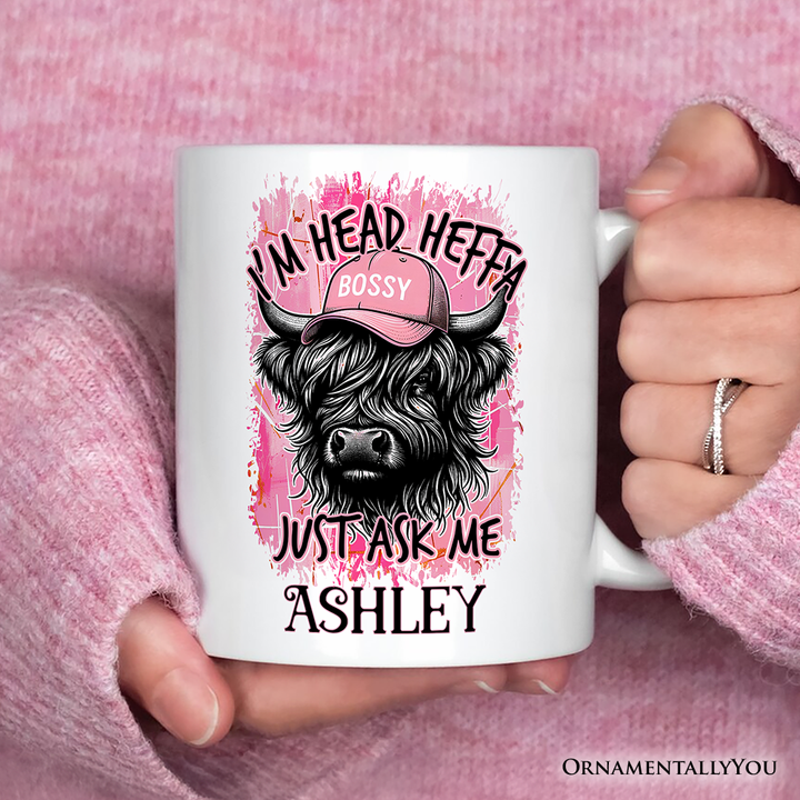 Bossy Highland Cow Personalized Mug, Head Heifer Funny Western Gift with Custom Name