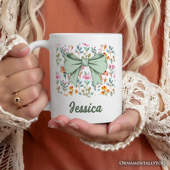 Floral Coquette Bow Personalized Mug, Cute Spring Preppy Girly Flowers Gift with Custom Name Personalized Ceramic Mug OrnamentallyYou 