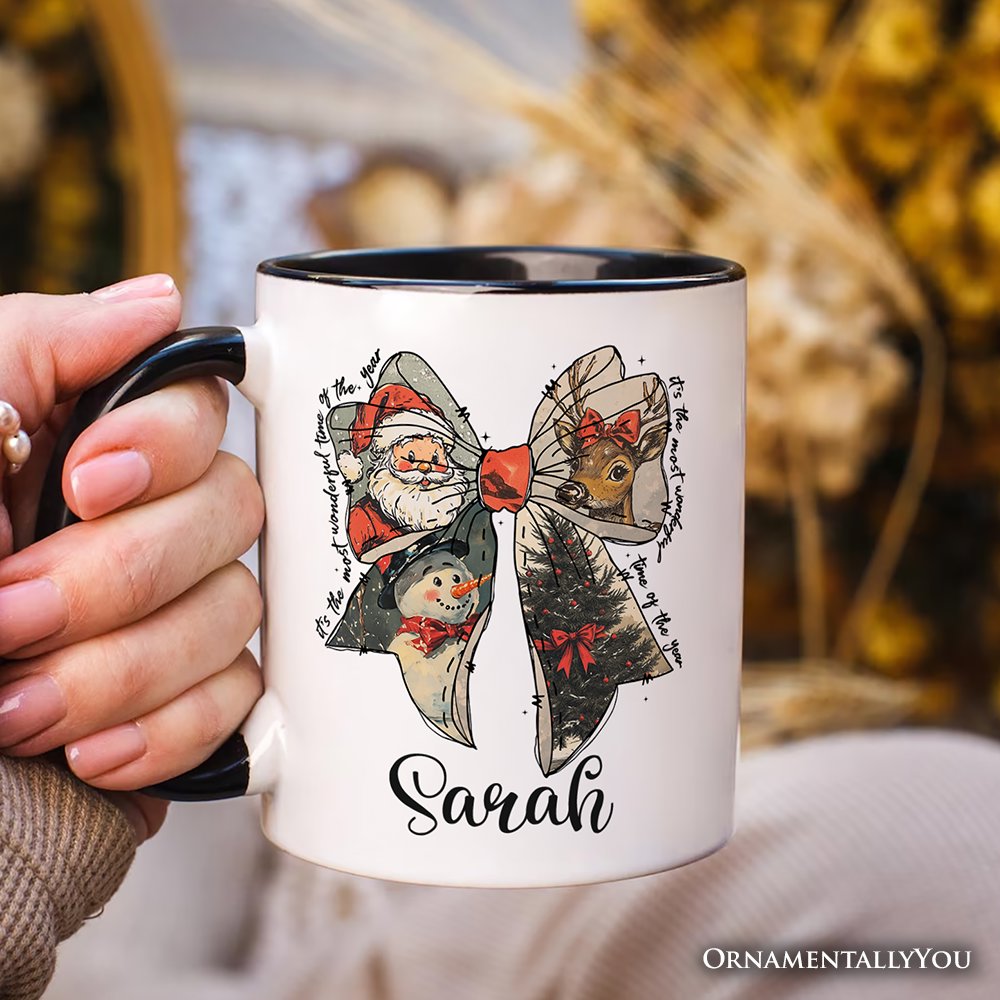 Coquette Christmas Bow Personalized Mug, It's Most Wonderful Time Of The Year Vintage Gift with Custom Name Personalized Ceramic Mug OrnamentallyYou 