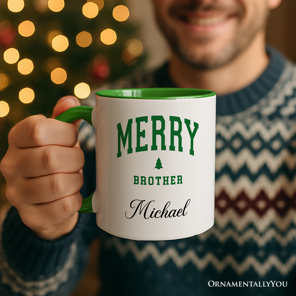 Merry Brother Retro Christmas Personalized Mug, Matching Family Holiday Gift with Custom Name