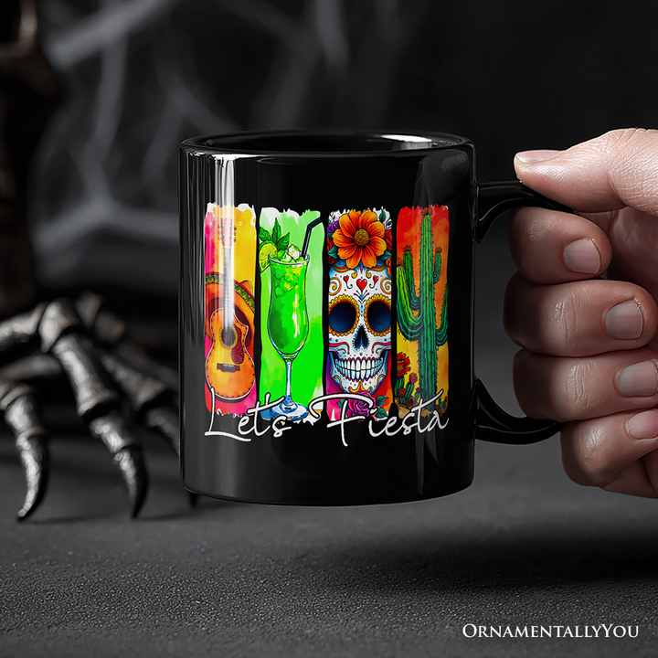 Cinco De Mayo Brushstroke Mexican Mug, Let’s Fiesta Guitar Margarita Skull Cactus Gift