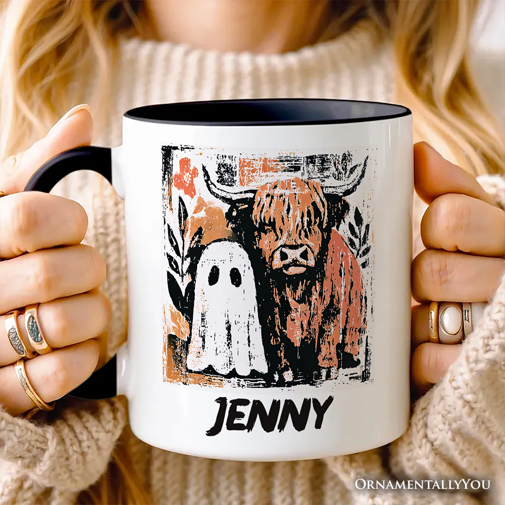 Highland Cow Ghost Fall Personalized Mug, Spooky Season Halloween Gift with Custom Name
