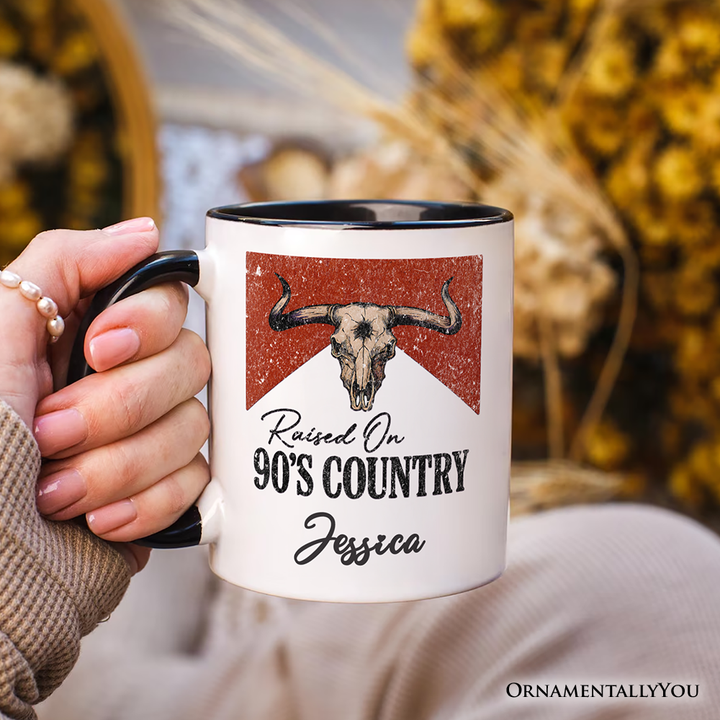 Raised On 90s Country Personalized Mug, Vintage Bull Skull Gift with Custom Name