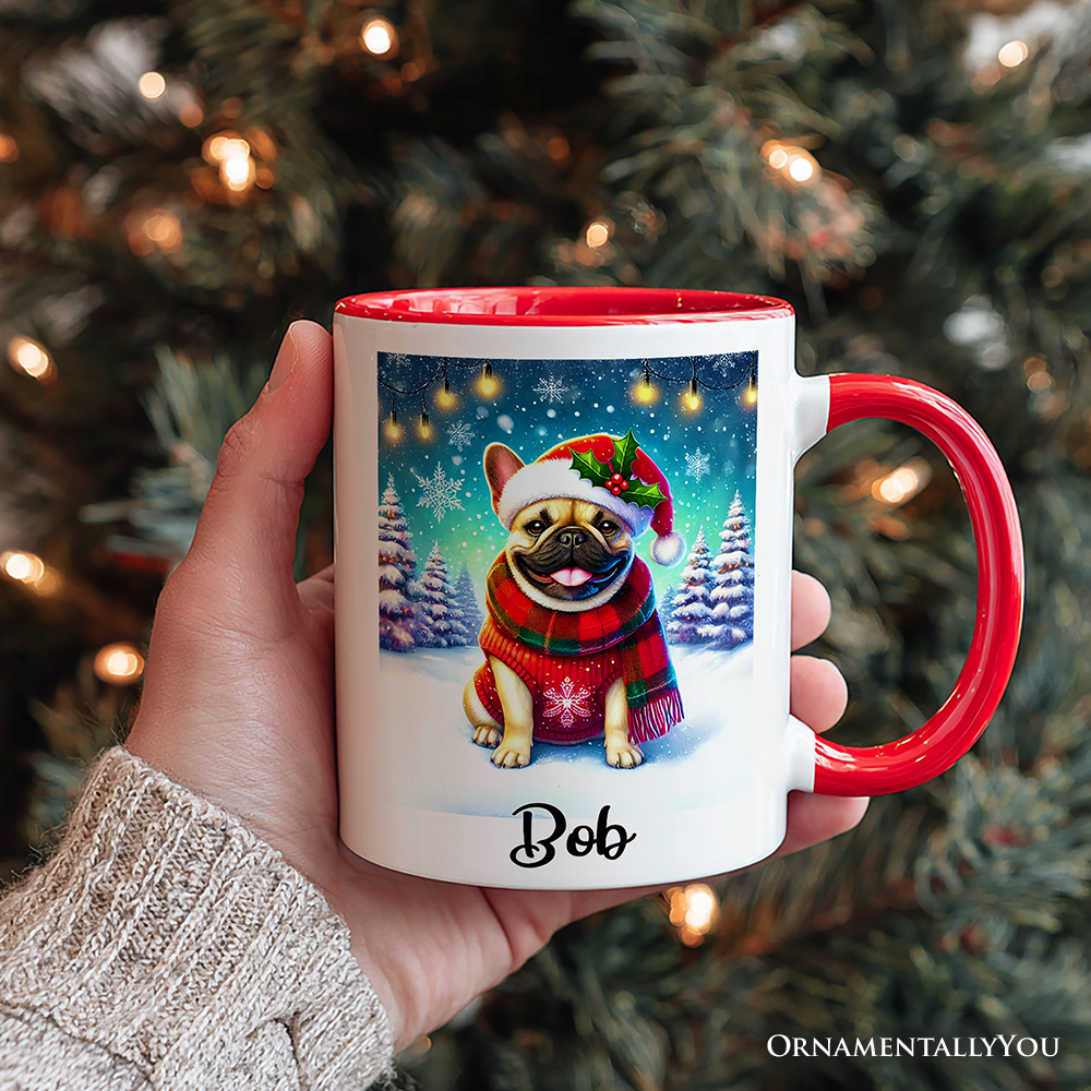 Frosty French Bulldog Personalized Mug, Charming Pup Magical Christmas Gift with Custom Name