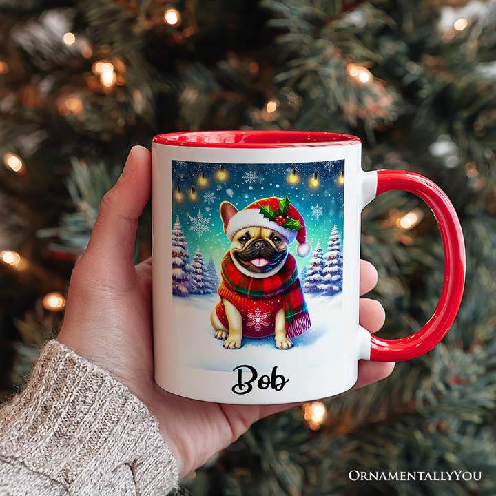 Frosty French Bulldog Personalized Mug, Charming Pup Magical Christmas Gift with Custom Name