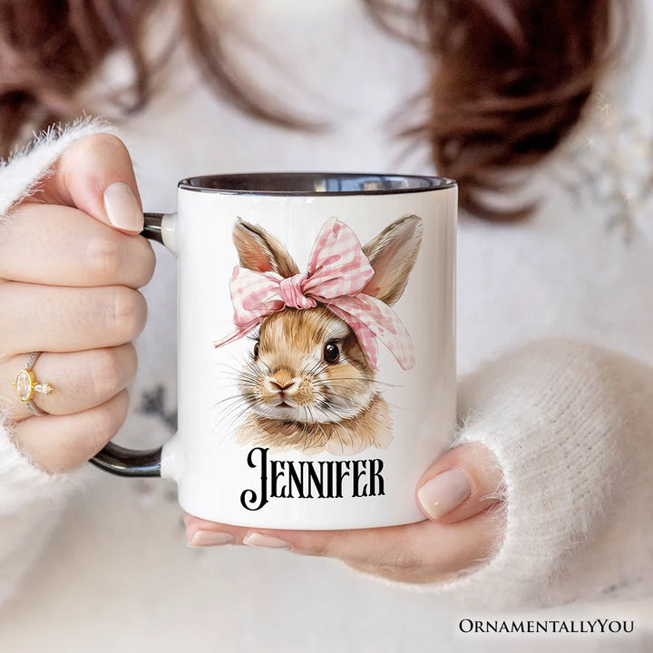 Easter Bunny Coquette Pink Bow Personalized Mug, Cute Watercolor Spring Gift with Custom Name Personalized Ceramic Mug OrnamentallyYou 