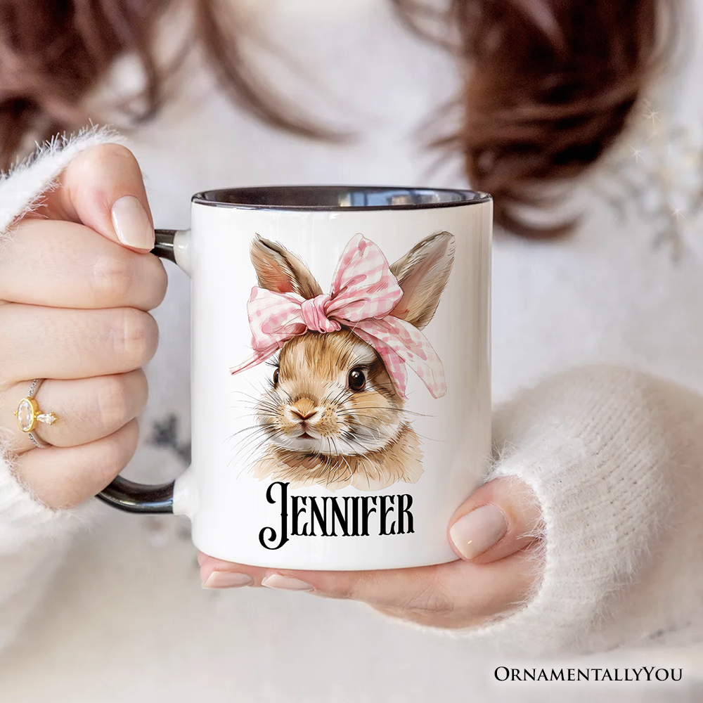 Easter Bunny Coquette Pink Bow Personalized Mug, Cute Watercolor Spring Gift with Custom Name