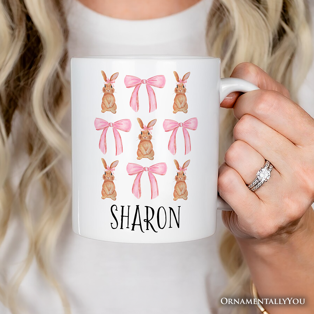 Coquette Bunny Pink Bow Easter Personalized Mug, Cute Girly Bunny Spring Gift with Custom Name
