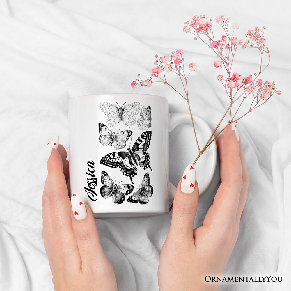 Vintage Butterfly Sketch Personalized Mug, Botanical Insect Art Nature Gift with Custom Name