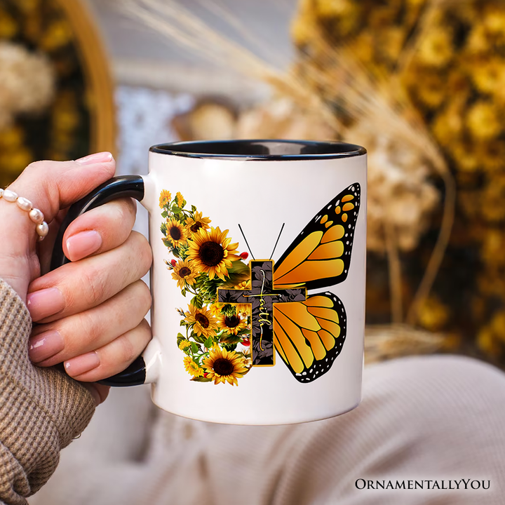 Faith Cross Butterfly Mug, Christian Sunflower Floral Gift