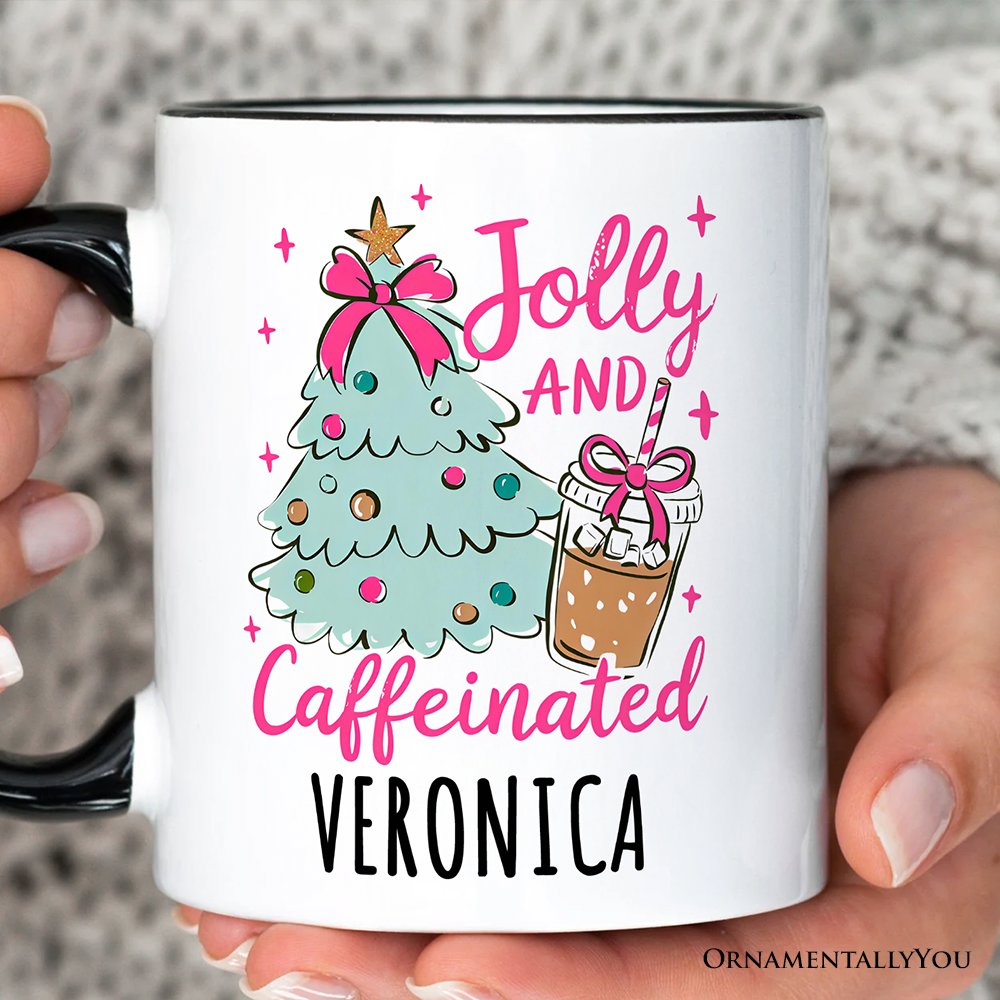 Jolly and Caffeinated Christmas Personalized Mug, Retro Coquette Coffee Holiday Gift with Custom Name Personalized Ceramic Mug OrnamentallyYou 