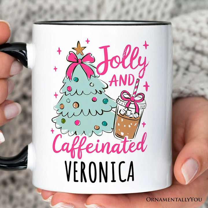 Jolly and Caffeinated Christmas Personalized Mug, Retro Coquette Coffee Holiday Gift with Custom Name Personalized Ceramic Mug OrnamentallyYou 