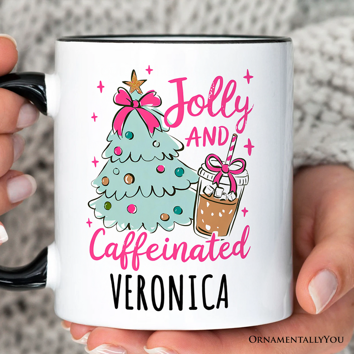 Jolly and Caffeinated Christmas Personalized Mug, Retro Coquette Coffee Holiday Gift with Custom Name