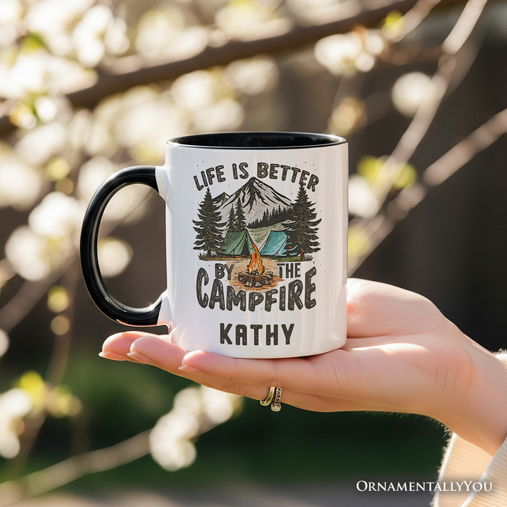 Life Is Better by the Campfire Personalized Mug, Outdoors Camping Gift with Custom Name