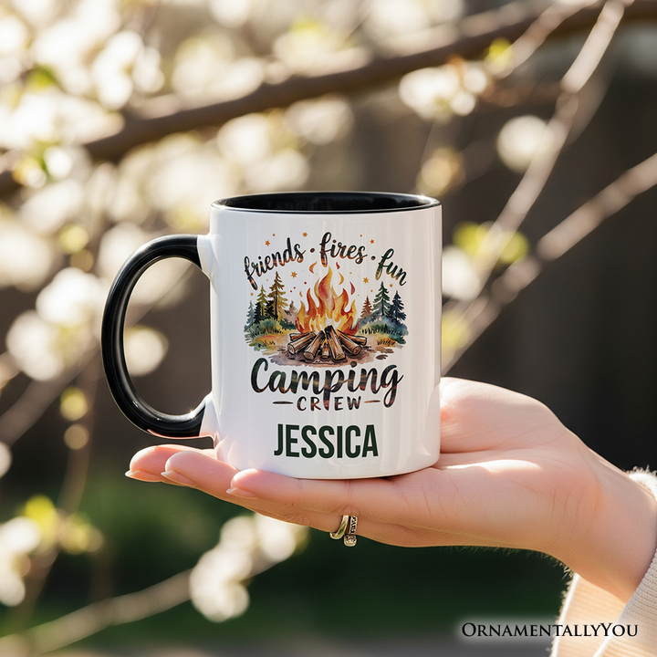 Camping Crew Campfire Personalized Mug, Friends Fires Fun Outdoor Gift with Custom Name