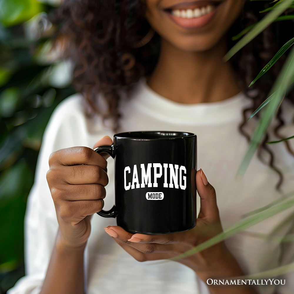 Camping Mode Varsity Mug, Minimalist Outdoors Gift