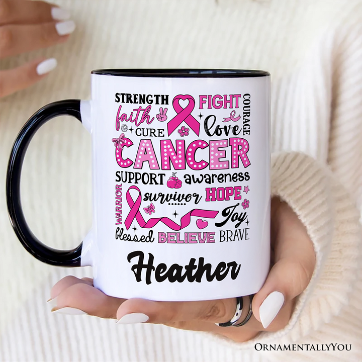 Breast Cancer Awareness Ribbon Personalized Mug, In October We Wear Pink Support Gift with Custom Name
