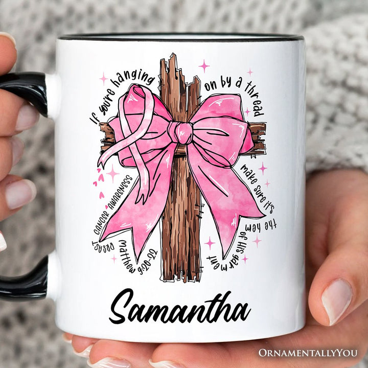 Breast Cancer Pink Bow Cross Personalized Mug, Awareness Faith Christian Gift with Custom Name Personalized Ceramic Mug OrnamentallyYou 