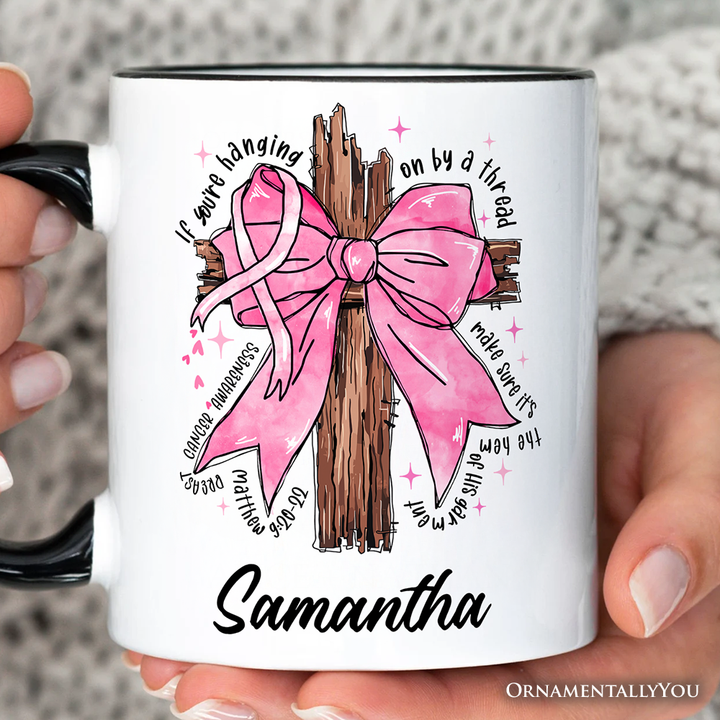 Breast Cancer Pink Bow Cross Personalized Mug, Awareness Faith Christian Gift with Custom Name